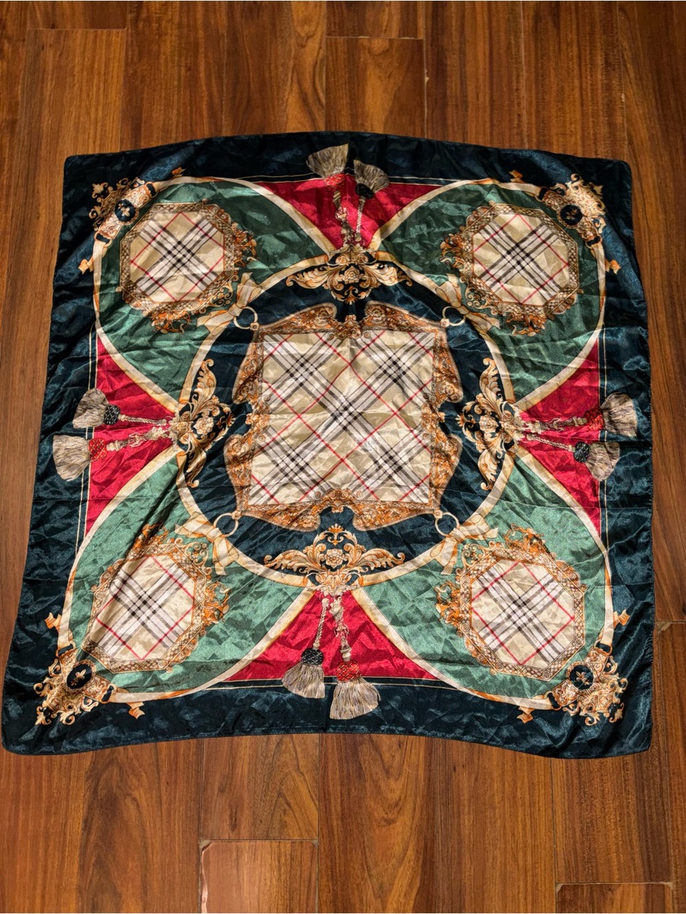 Baroque Plaid Silk-Feel Scarf in Green, Red and Black